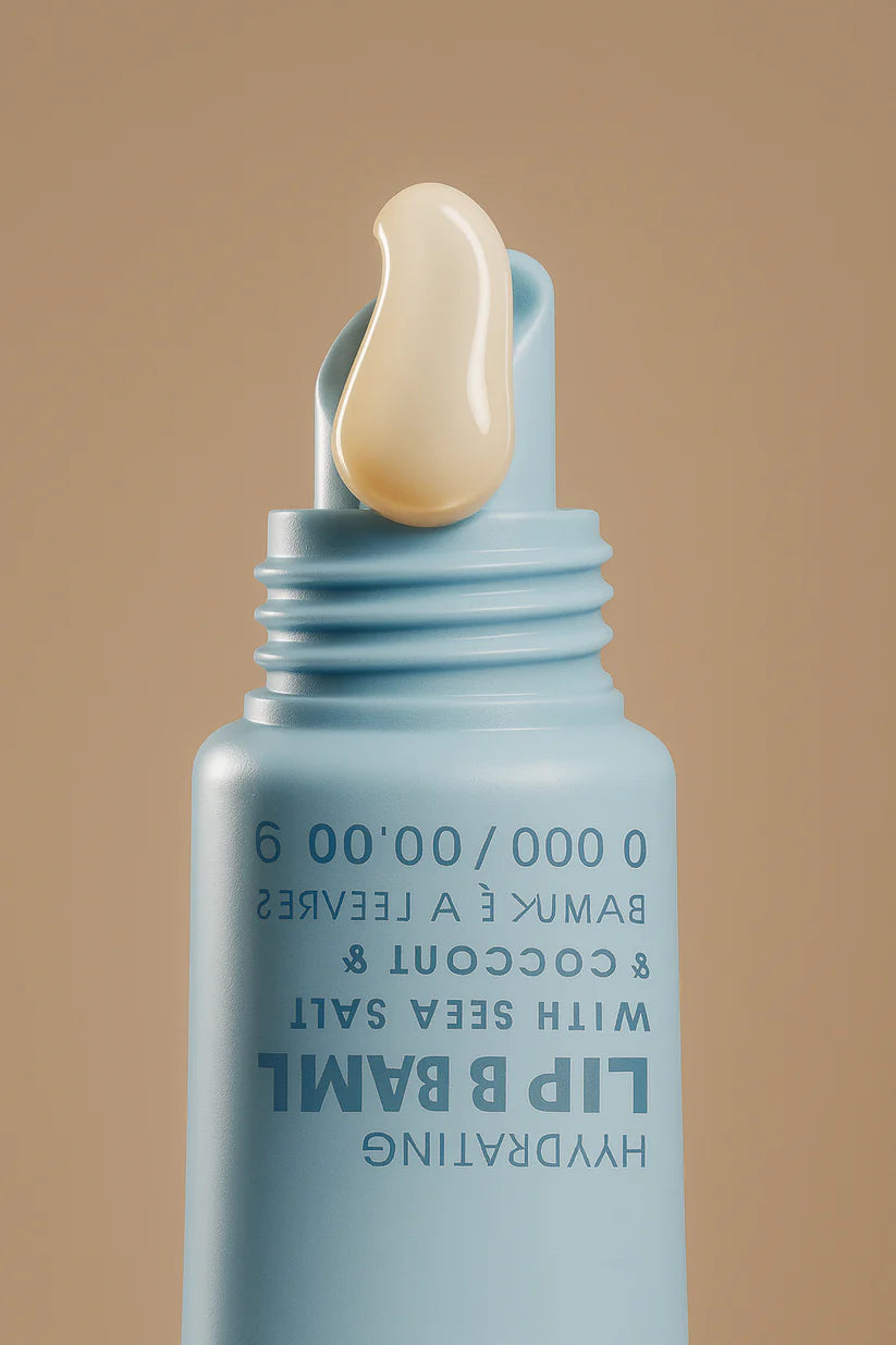 Blue lip balm bottle with a dropper on a beige background