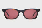 Tortoiseshell frame sunglasses with rose-tinted lenses in a classic rectangular wayfarer style