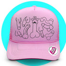 Pink cap with black designs on a blue circular background