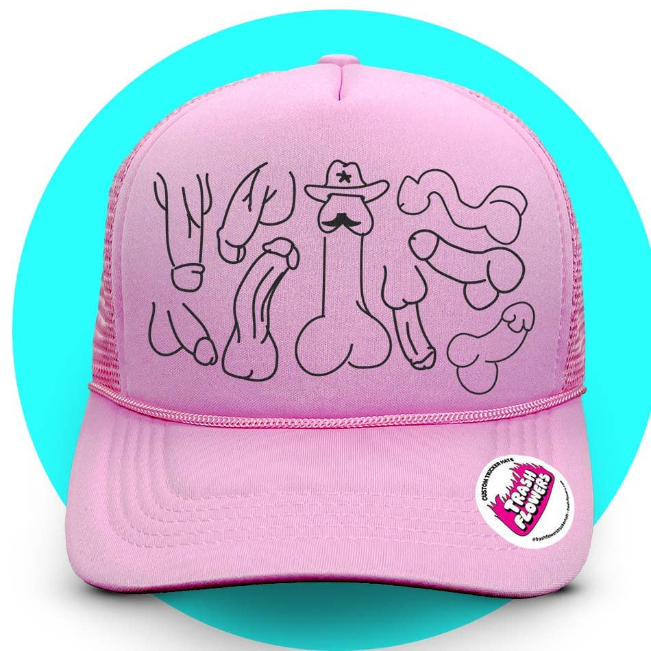 Pink cap with black designs on a blue circular background