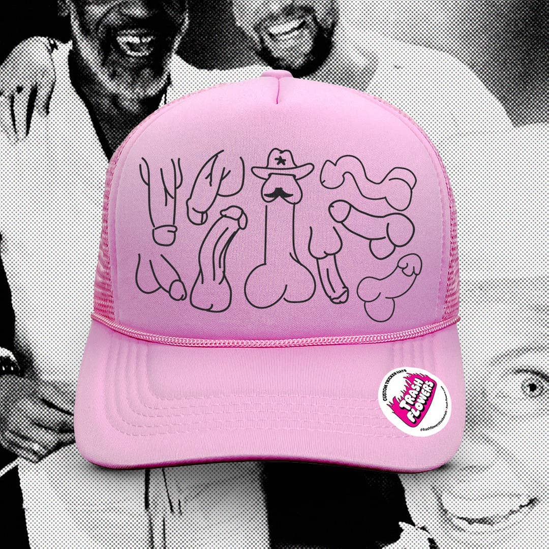 Pink mesh trucker hat with Wild West-themed line art illustration featuring cactus, cowboy elements, and desert imagery