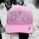 Pink mesh trucker hat with Wild West-themed line art illustration featuring cactus, cowboy elements, and desert imagery