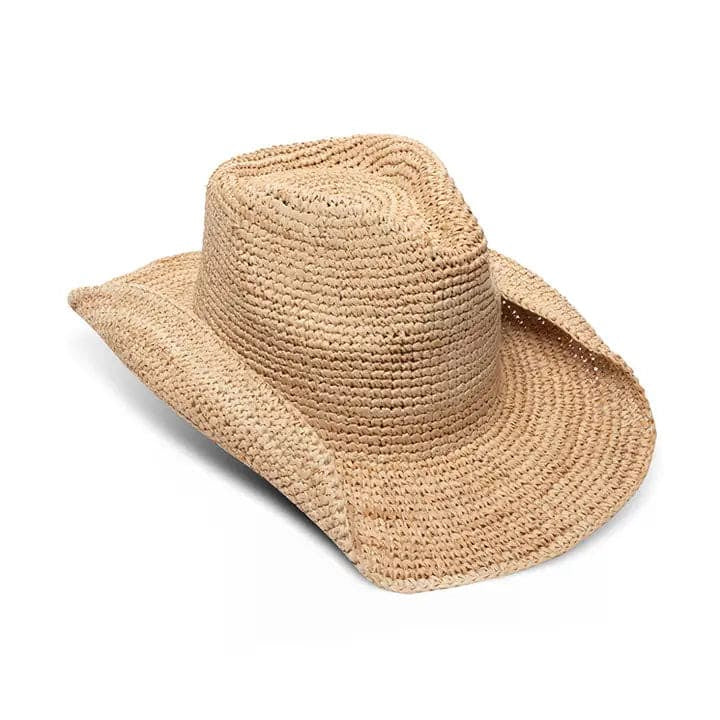 Natural straw woven cowboy hat with wide brim and structured crown on white background