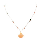 Beaded necklace with peach shell pendant and colorful gemstone beads on white cord