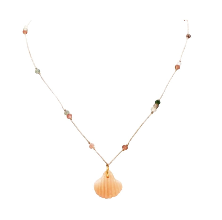 Beaded necklace with peach shell pendant and colorful gemstone beads on white cord