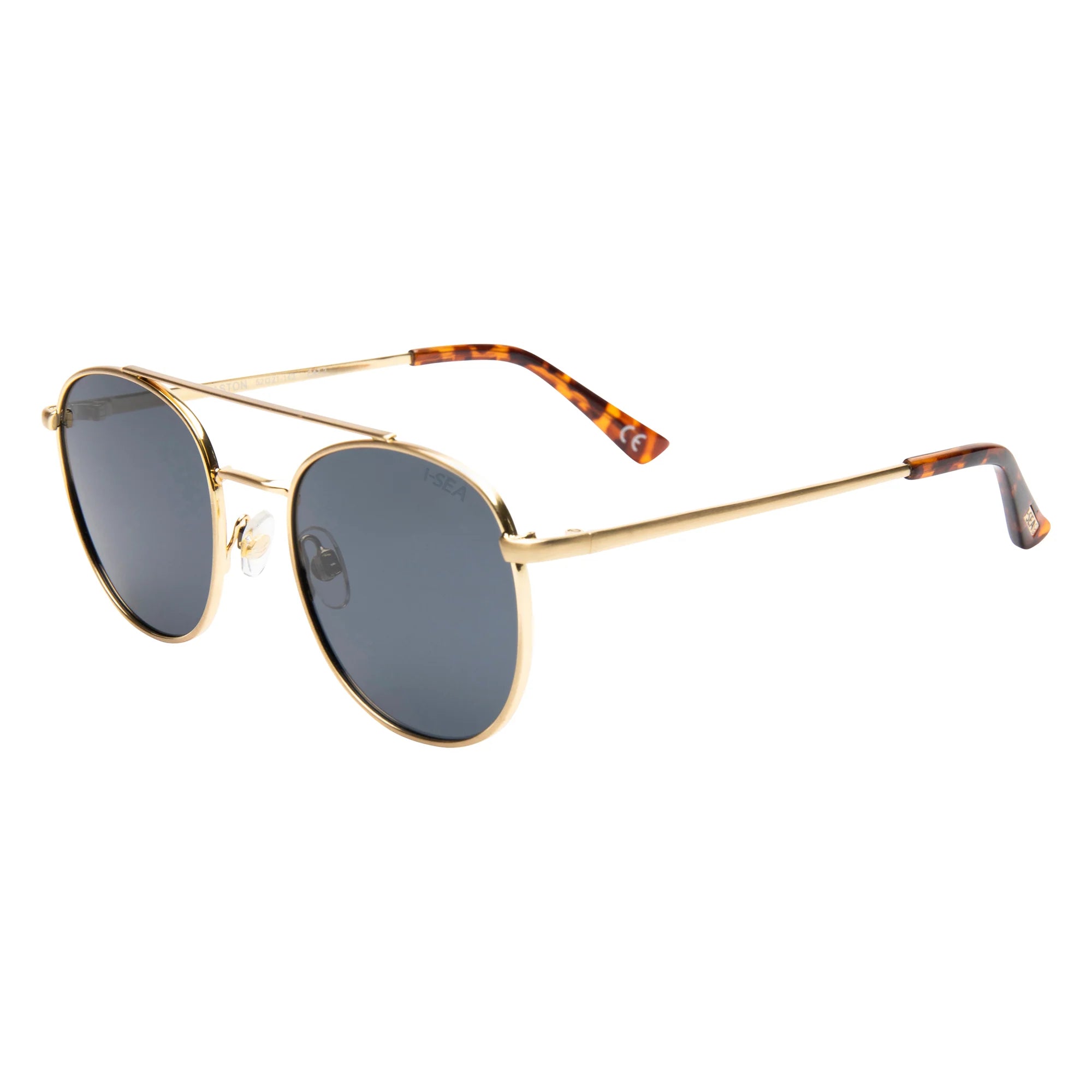 Gold-framed sunglasses with tortoiseshell accents on a white background