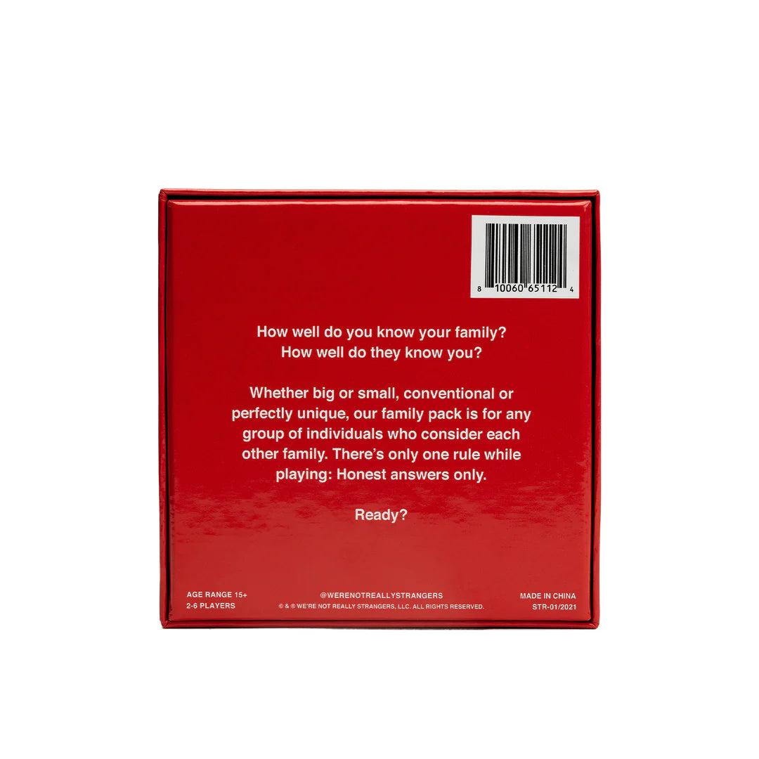 Red card game box with white text about knowing your family, barcode in upper right corner, for 2-6 players ages 15+