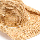 Close-up of a straw hat with a white band on a light background