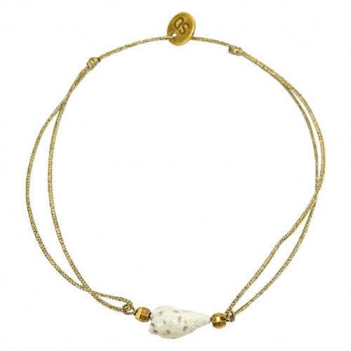 Gold chain anklet with white natural seashell and gold bead accents on adjustable cord
