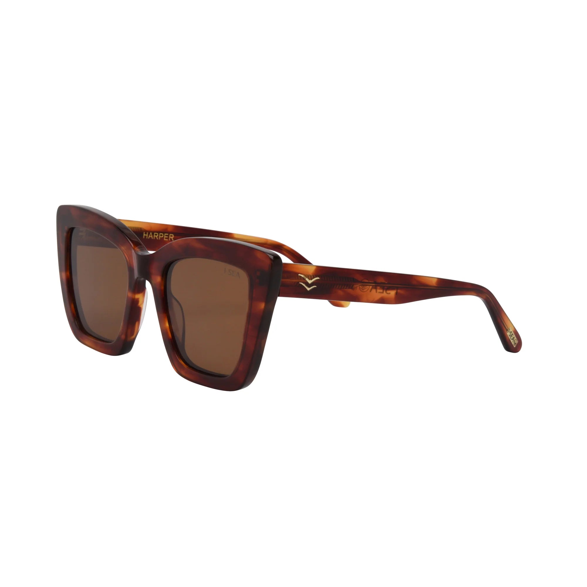 Sunglasses with tortoiseshell frame and brown lenses on a white background