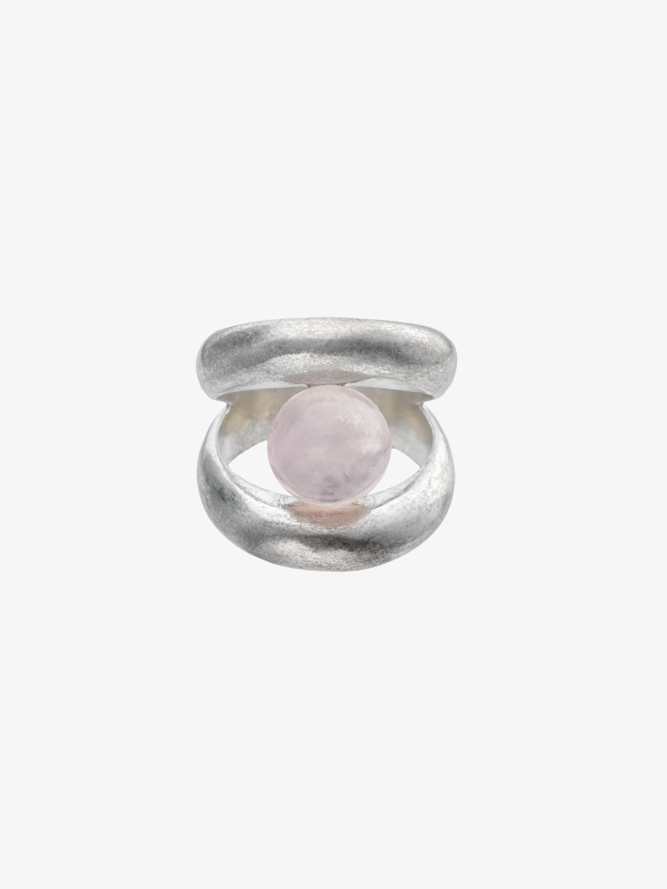 Silver ring with double band design holding a pink rose quartz sphere in the center opening