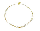 Adjustable cord bracelet with three baroque pearls and gold beads on beige string with sliding closure