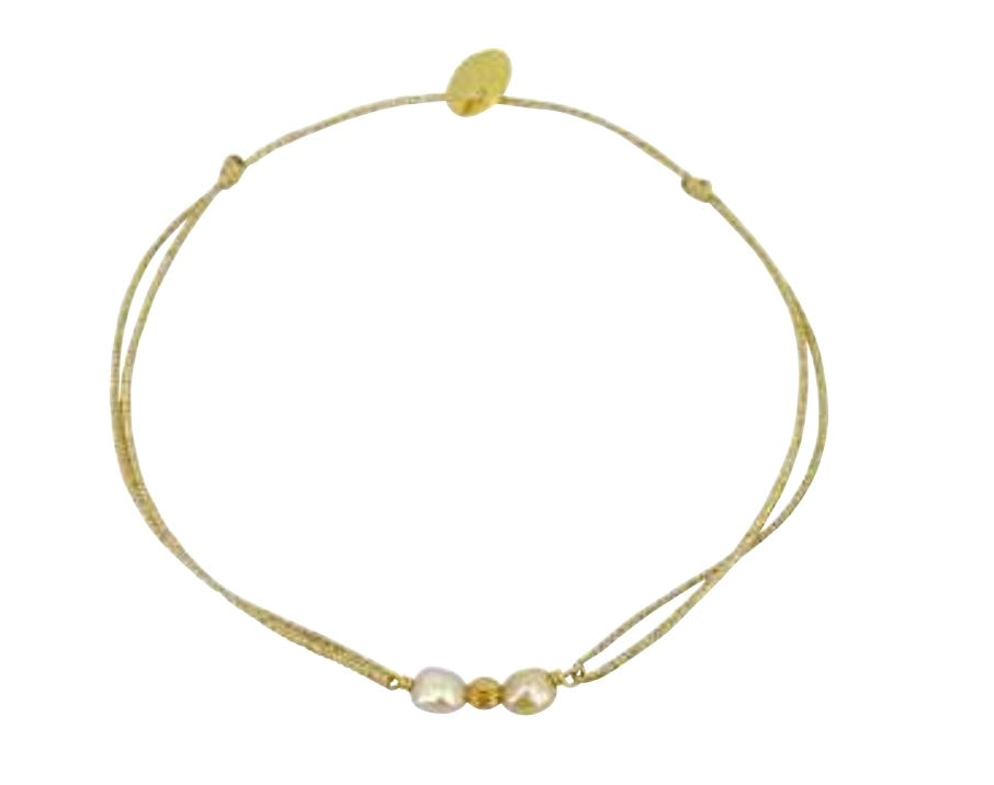 Adjustable cord bracelet with three baroque pearls and gold beads on beige string with sliding closure