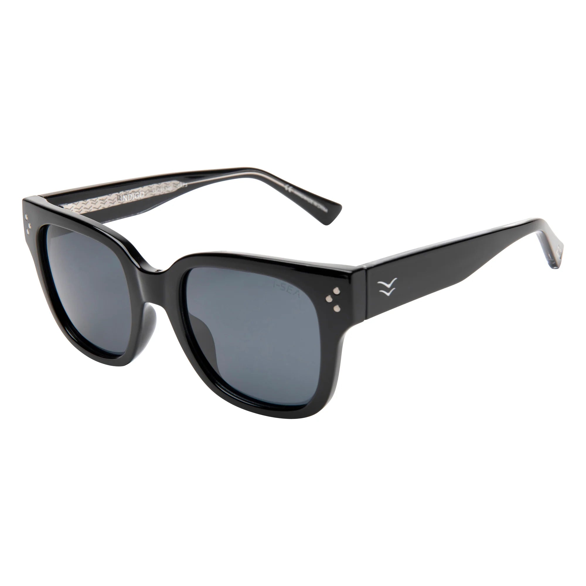 Black sunglasses with a brand logo on a white background