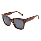 Tortoiseshell sunglasses with dark lenses on a white background