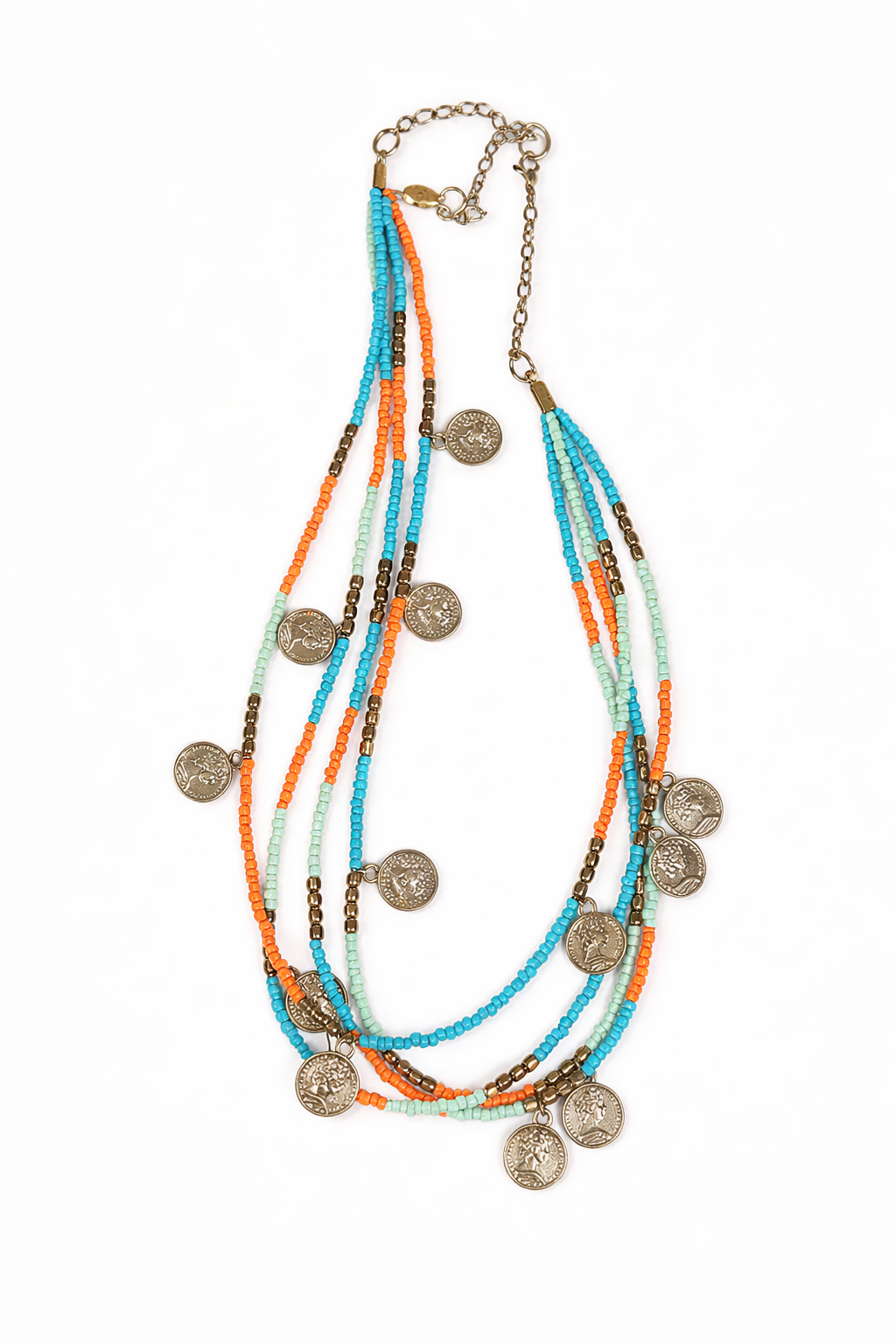 Multistrand beaded necklace with coin pendants on a white background