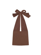 Brown halter-style bikini top with tie-front bow detail and gathered fabric straps