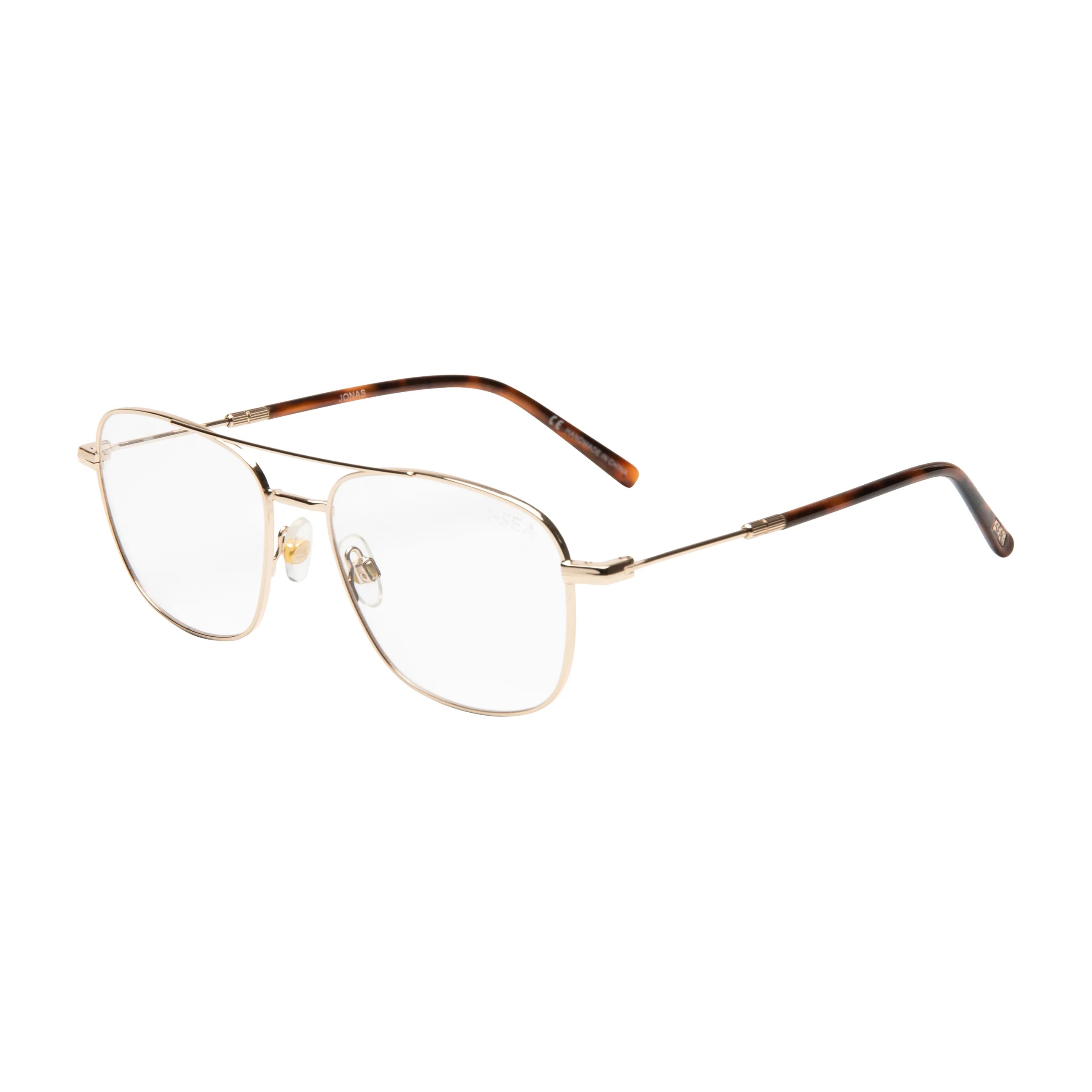 Gold-framed eyeglasses on a white background