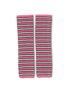 Pink and blue striped knit leg warmers with ribbed texture on white background