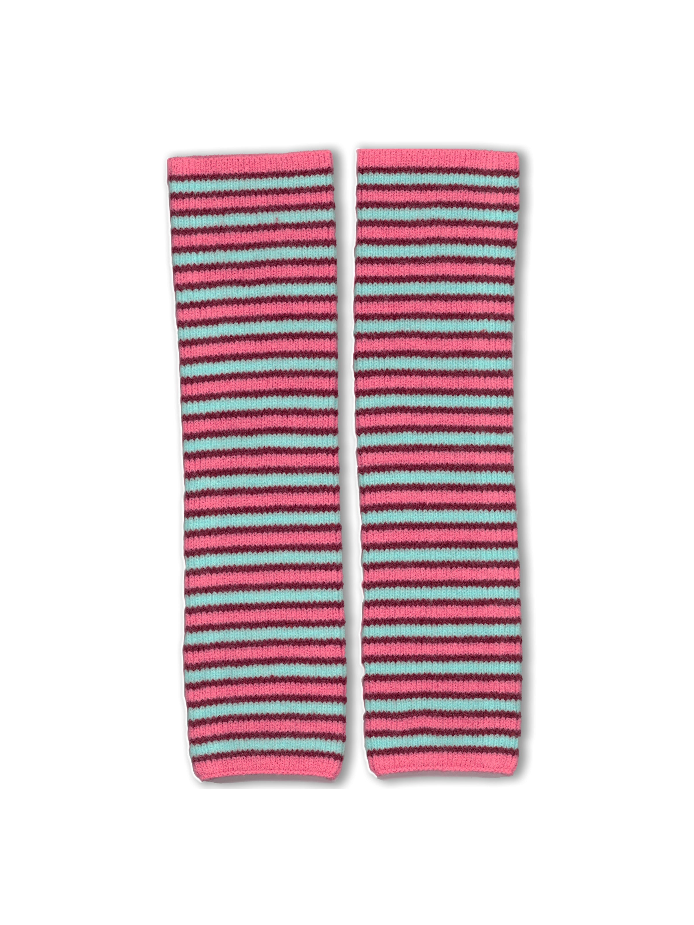 Pink and blue striped knit leg warmers with ribbed texture on white background