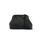 Black woven handbag on a white background