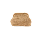 Beige woven clutch bag on a white background