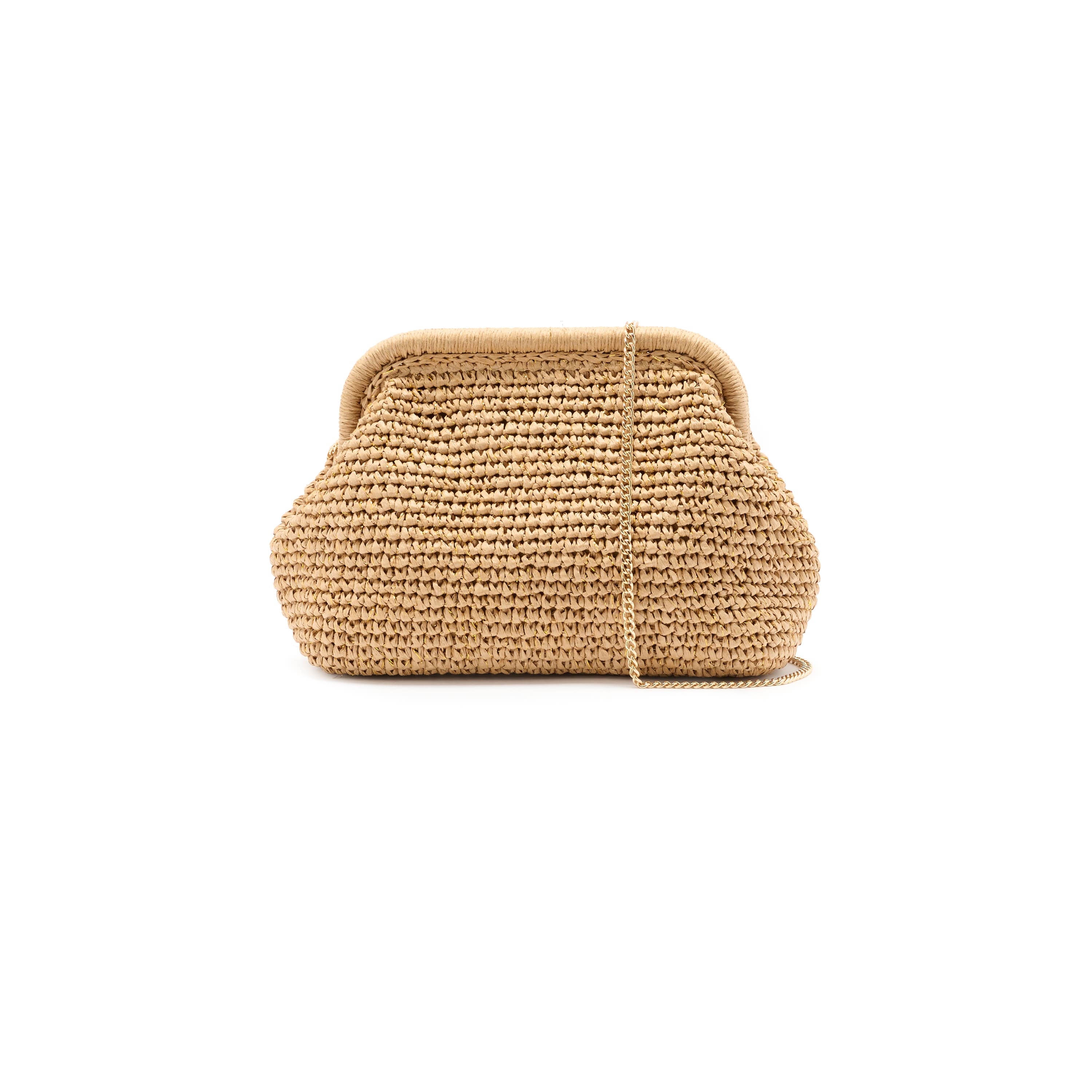 Beige woven clutch bag on a white background