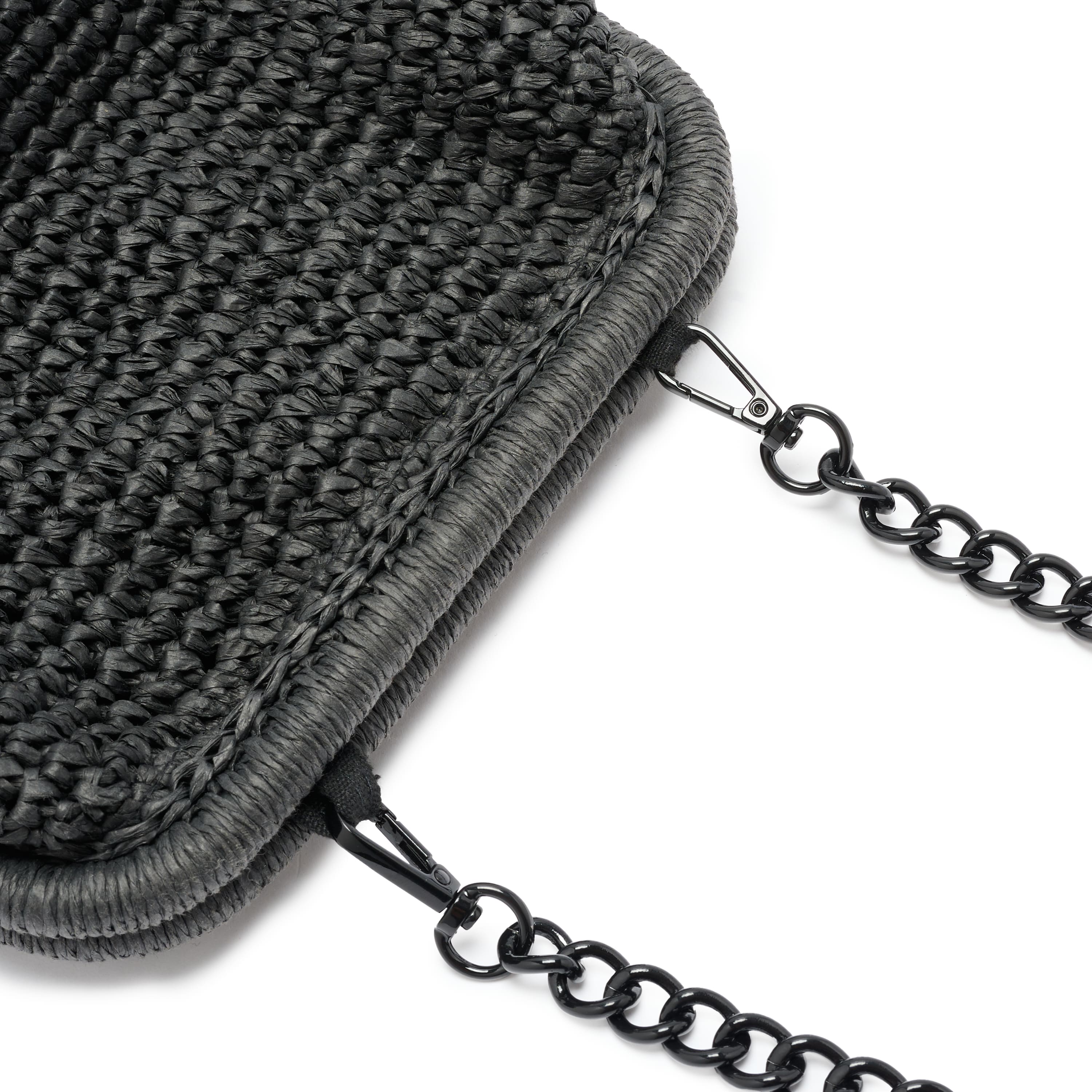 Close-up of a dark gray textured pouch with a chain strap on a white background