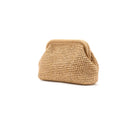 Beige woven clutch bag on a white background