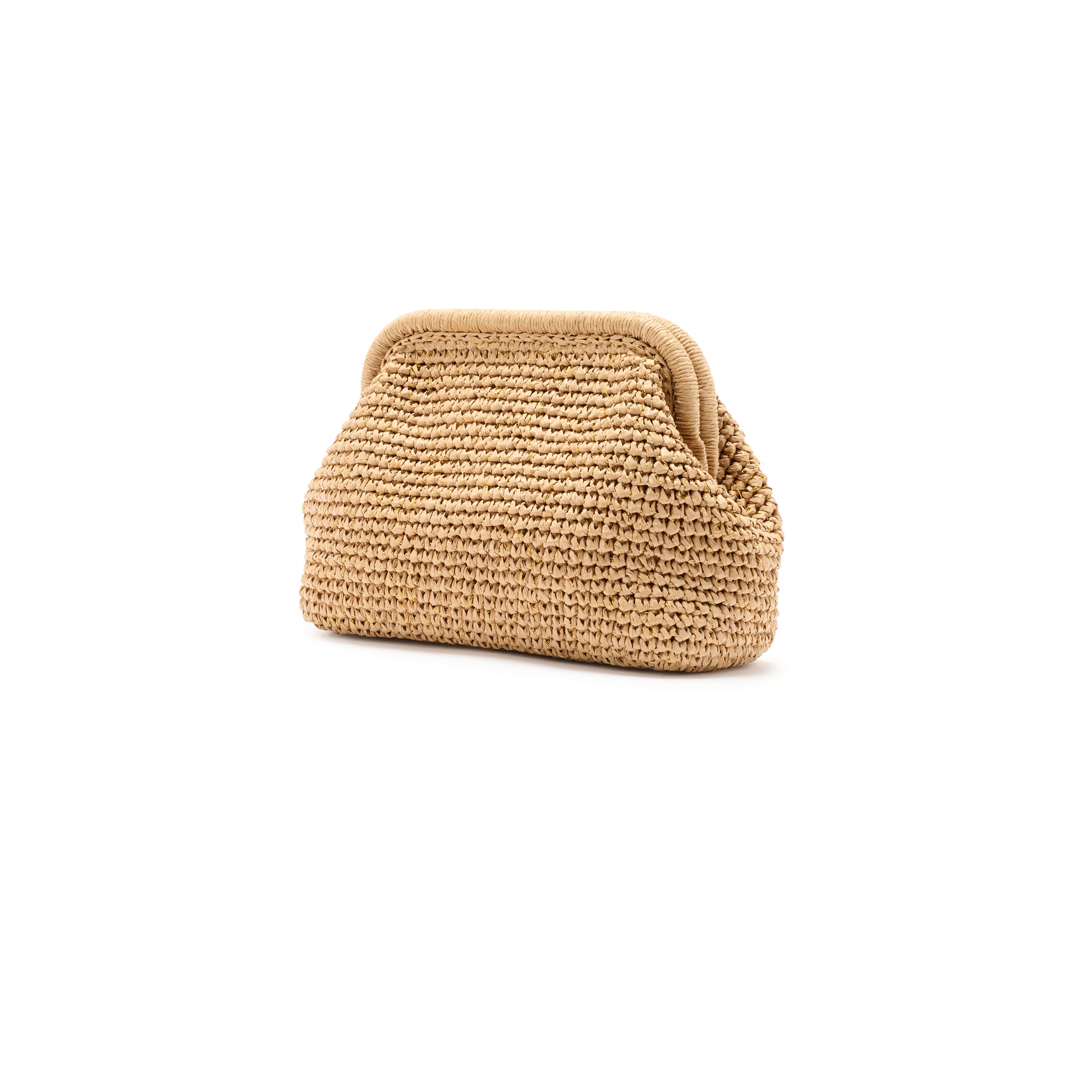 Beige woven clutch bag on a white background