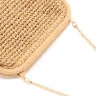 Beige woven handbag with a gold chain strap on a white background