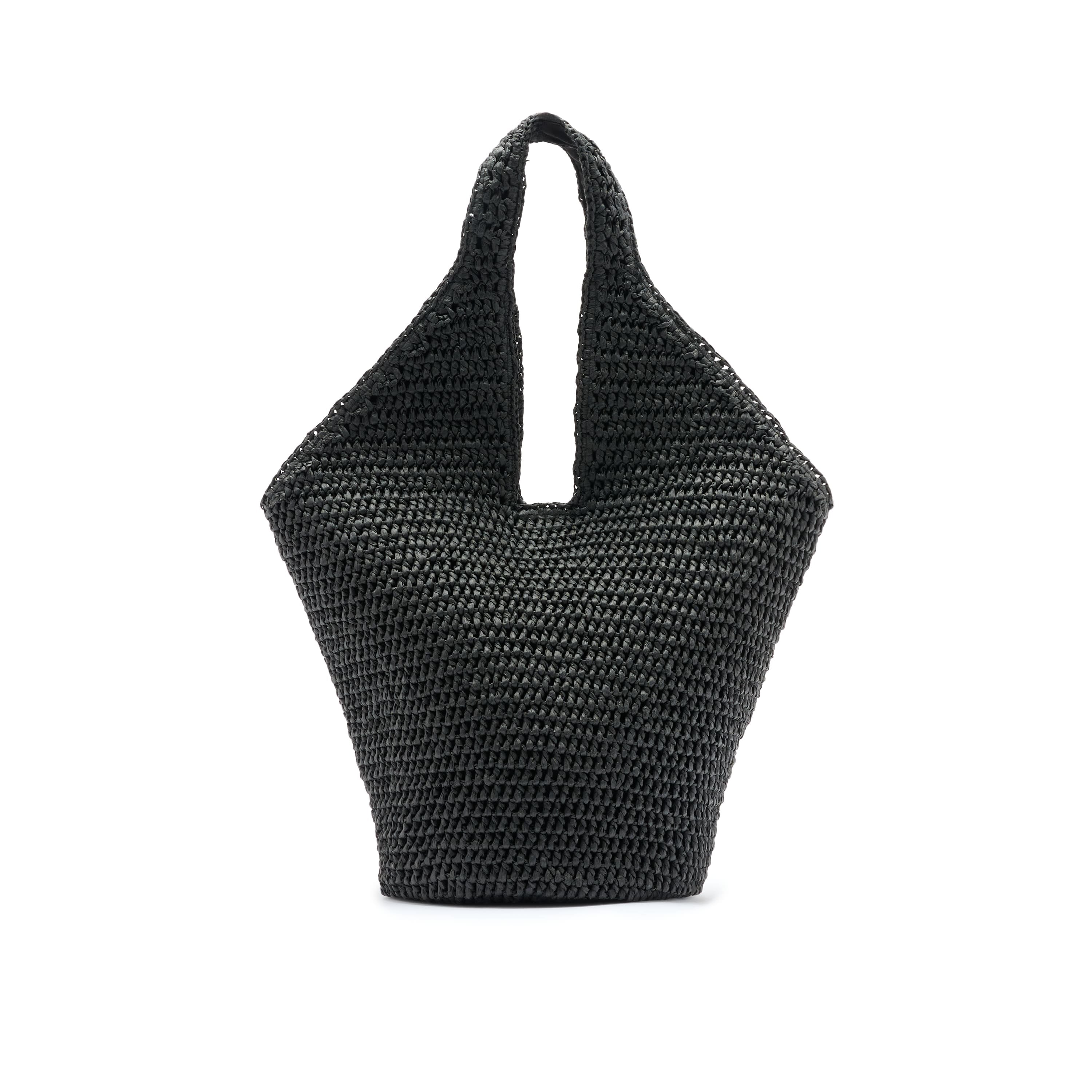 Black woven handbag on a white background