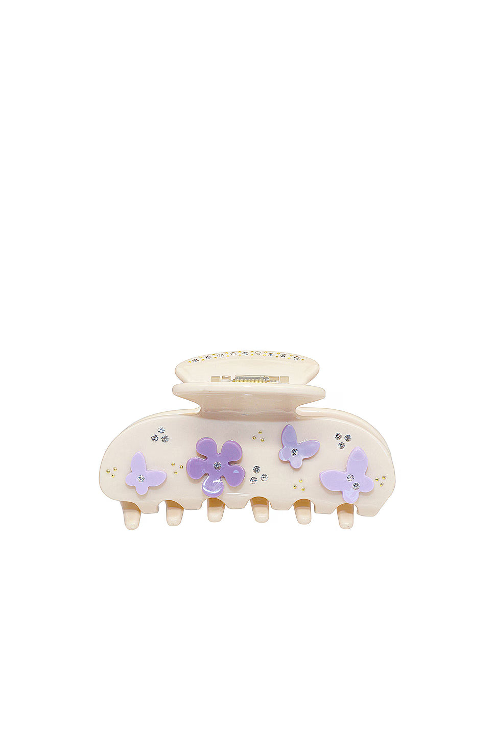cream clip with purple flowers and butterflies against a white background 