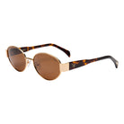 Gold metal round sunglasses with tortoiseshell temples and brown tinted lenses by INOA