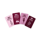 Four drinking game cards in pink and burgundy featuring party challenges and bottle illustrations