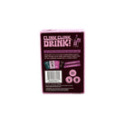 Pink and burgundy card game box titled Clink Clink Drink with wine bottle graphics, 100 cards, 4 categories, ages 30+