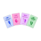 Four colorful drinking game cards in blue, pink, purple, and green with humorous challenges and stick figure illustrations