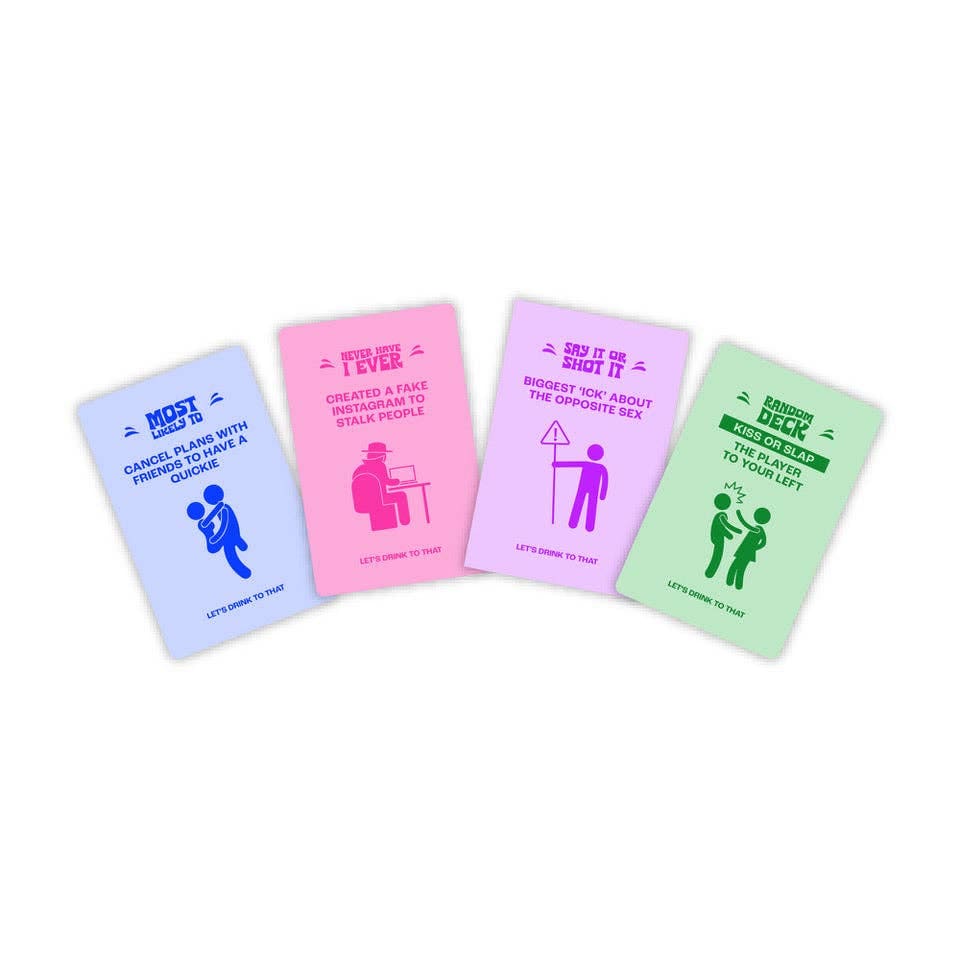 Four colorful drinking game cards in blue, pink, purple, and green with humorous challenges and stick figure illustrations