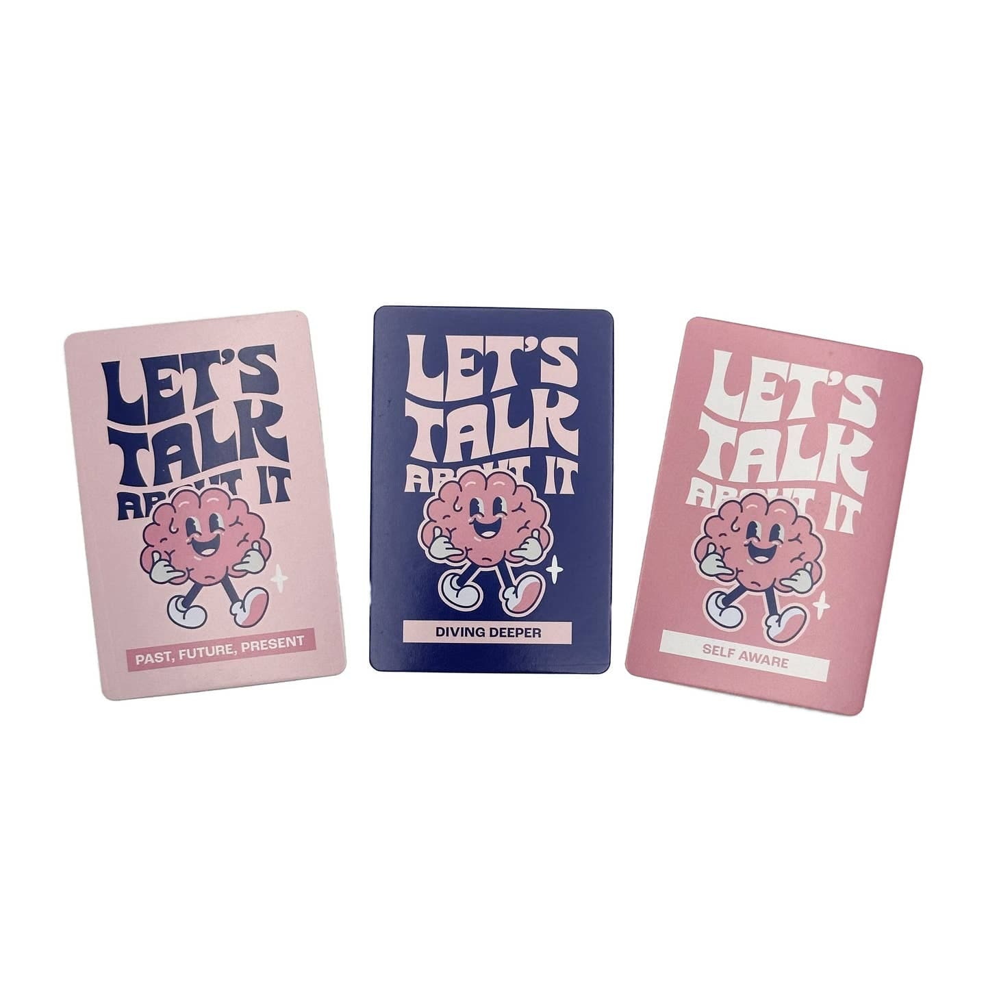 Three mental health conversation cards with cartoon brain character, featuring topics Past/Future/Present, Diving Deeper, and Self Aware