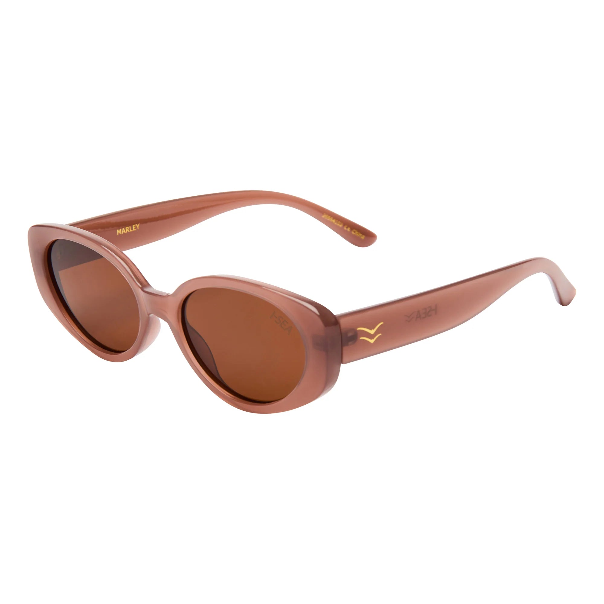 Brown sunglasses with a brand logo on a white background