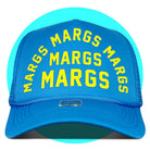 Blue trucker hat with yellow MARGS text repeated in curved and straight lines on front panel