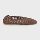 Brown woven leather ballet flat with perforated mesh design and tan sole, shown in side profile view