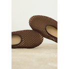Brown woven mesh ballet flats with rounded toe and beige insole, shown from above