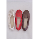 Three perforated mesh ballet flats in white, coral red, and brown with leather accents and cushioned insoles displayed from above