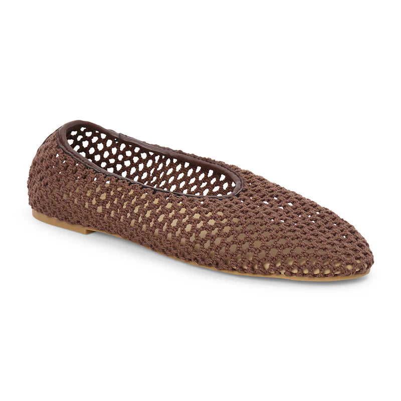 Brown woven mesh ballet flat with breathable open-weave design and tan rubber sole