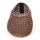 Brown crocheted mesh ballet flat slipper with polka dot lining and beige insole, front view
