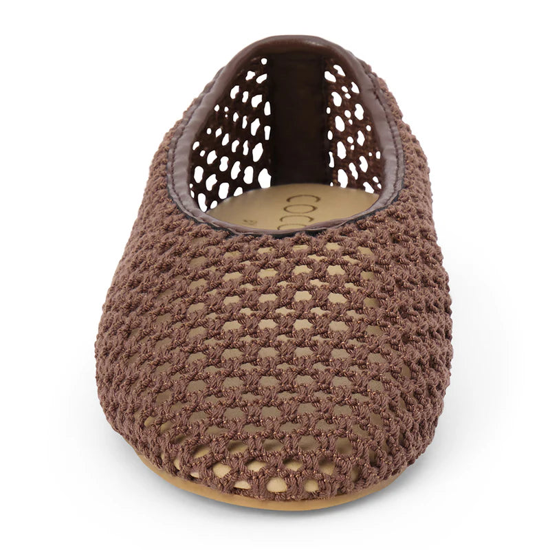 Brown crocheted mesh ballet flat slipper with polka dot lining and beige insole, front view