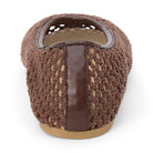 Brown woven crochet ballet flat with leather trim and cushioned insole, back view showing heel detail