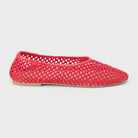 Red woven mesh ballet flat with breathable perforated design and tan sole, shown in side profile view
