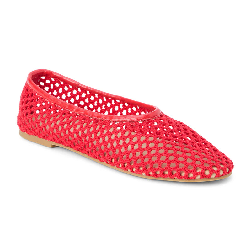 Red woven mesh ballet flat with open weave pattern and tan sole, breathable summer shoe